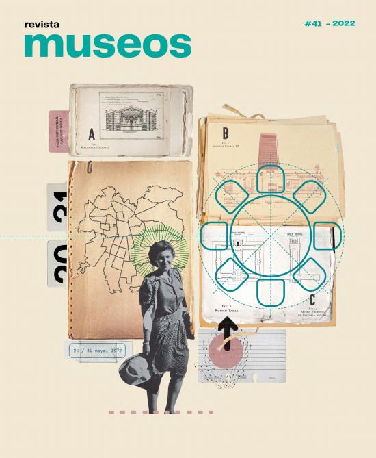 Portada revista Museos #41. Collage acerca de la Mesa de Santiago, que resalta la figura de Grete Mostny